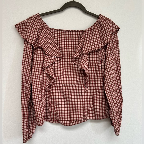 NWOT J. Crew Gingham Flannel Red White  Square Neck Ruffle 100% Cotton Top S - Picture 7 of 8